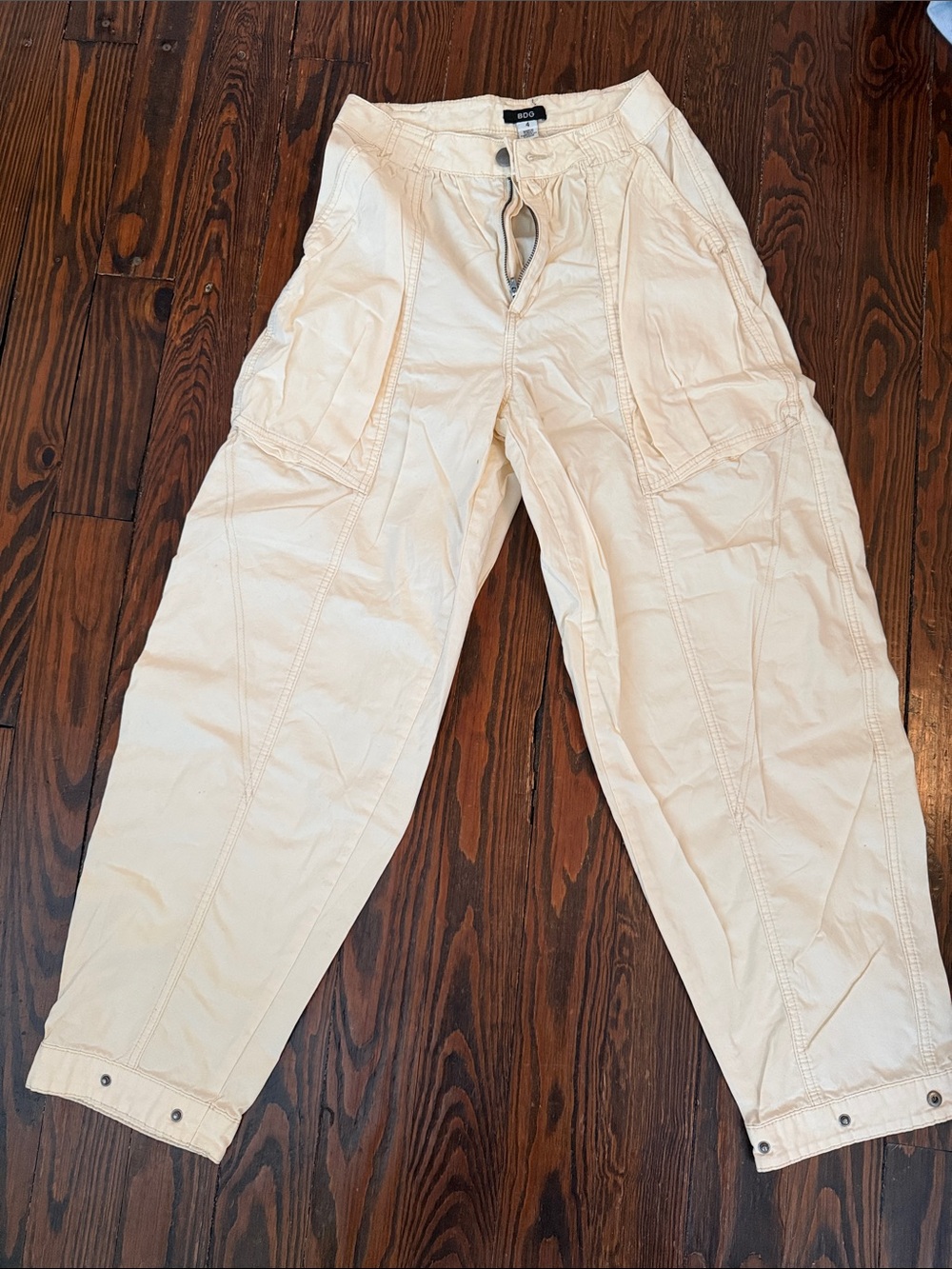 BDG women’s Cream Cargo Pants with Snap Cuffs